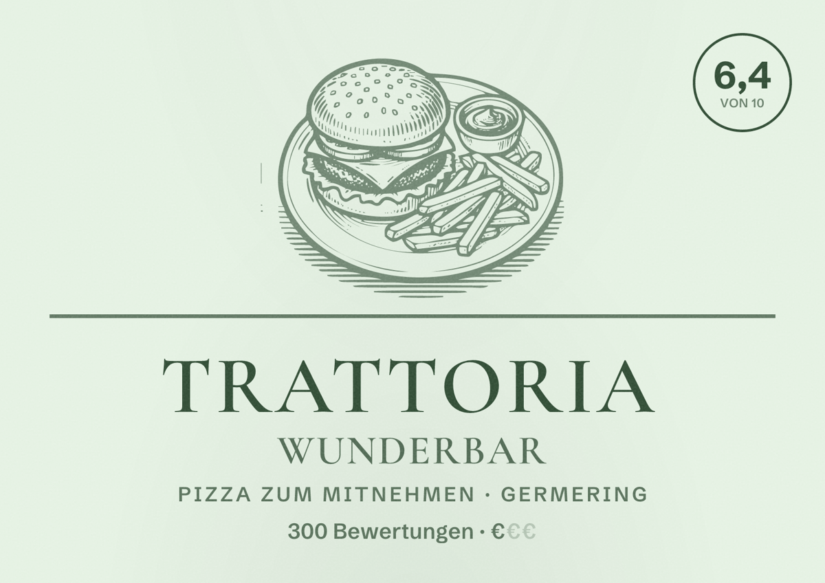 Illustriertes Poster von TRATTORIA WUNDERBAR, Pizza zum Mitnehmen in Germering: Bewertung 6,4 von 10 aus 300 Bewertungen, Preisniveau €
