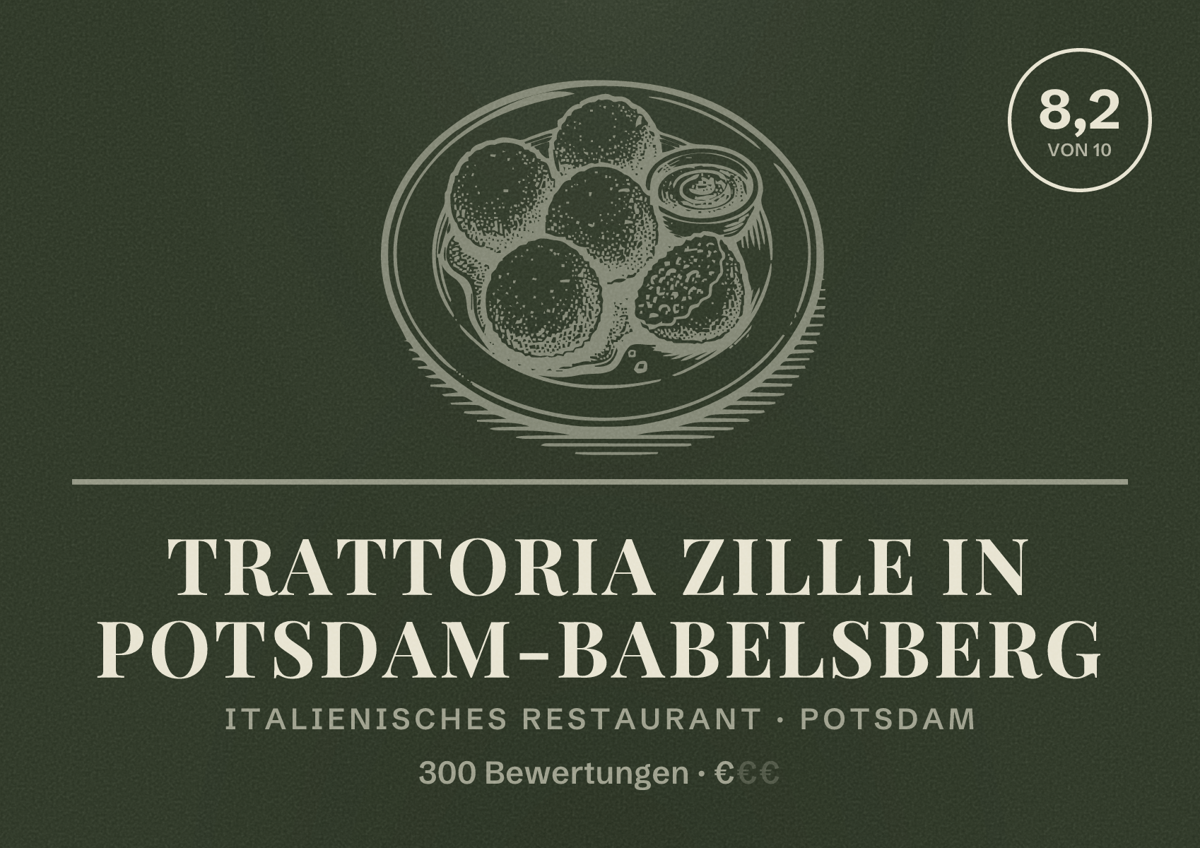 Illustriertes Poster von Trattoria Zille in Potsdam-Babelsberg, Italienisches Restaurant in Potsdam: Bewertung 8,2 von 10 aus 300 Bewertungen, Preisniveau €