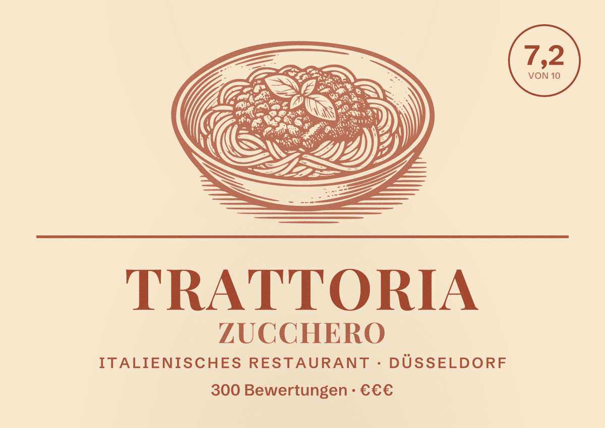Illustriertes Poster von Trattoria Zucchero, Italienisches Restaurant in Düsseldorf: Bewertung 7,2 von 10 aus 300 Bewertungen, Preisniveau €€€
