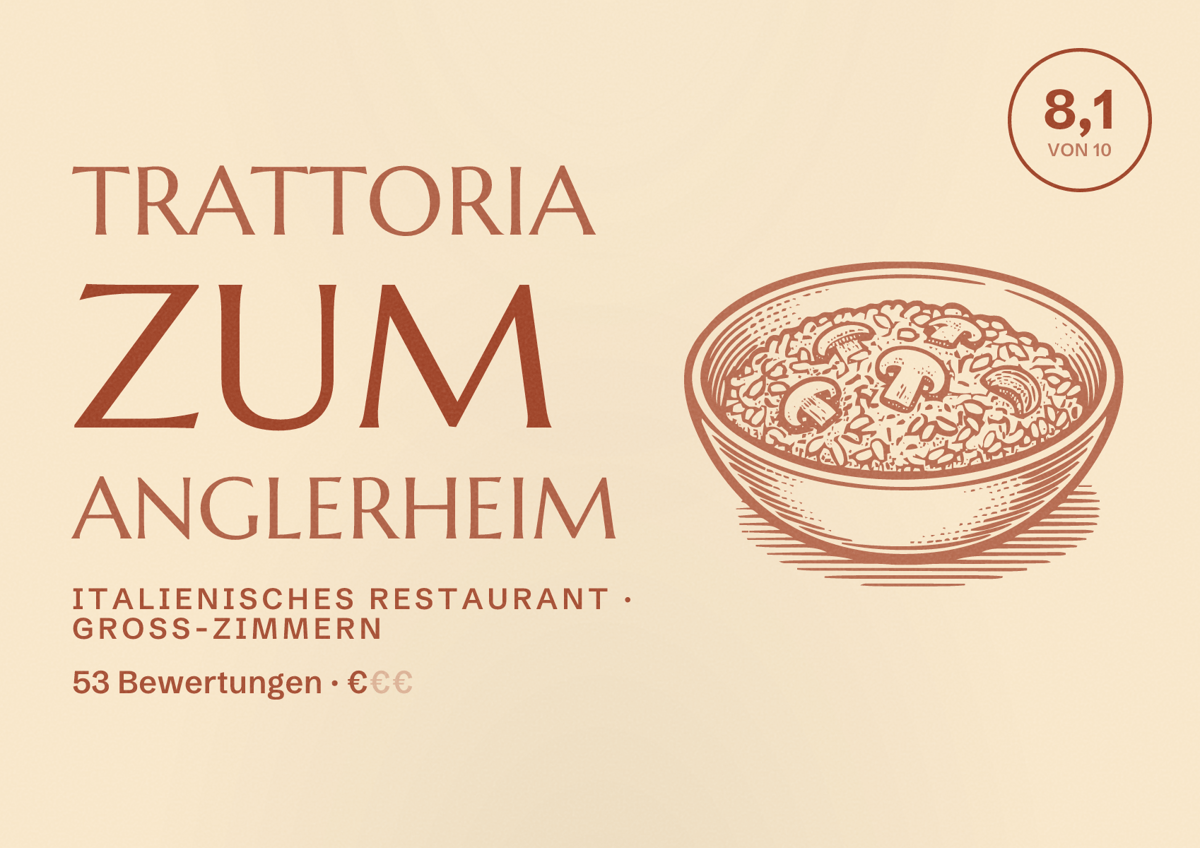 Illustriertes Poster von Trattoria zum Anglerheim, Italienisches Restaurant in Groß-Zimmern: Bewertung 8,1 von 10 aus 53 Bewertungen, Preisniveau €
