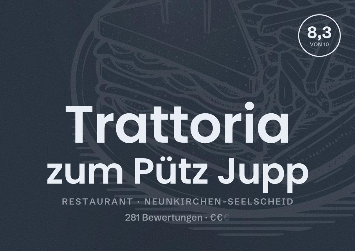 Illustriertes Poster von Trattoria zum Pütz Jupp, Restaurant in Neunkirchen-Seelscheid: Bewertung 8,3 von 10 aus 281 Bewertungen, Preisniveau €€