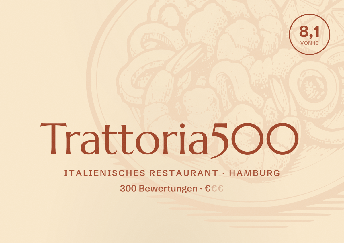 Illustriertes Poster von Trattoria500, Italienisches Restaurant in Hamburg: Bewertung 8,1 von 10 aus 300 Bewertungen, Preisniveau €