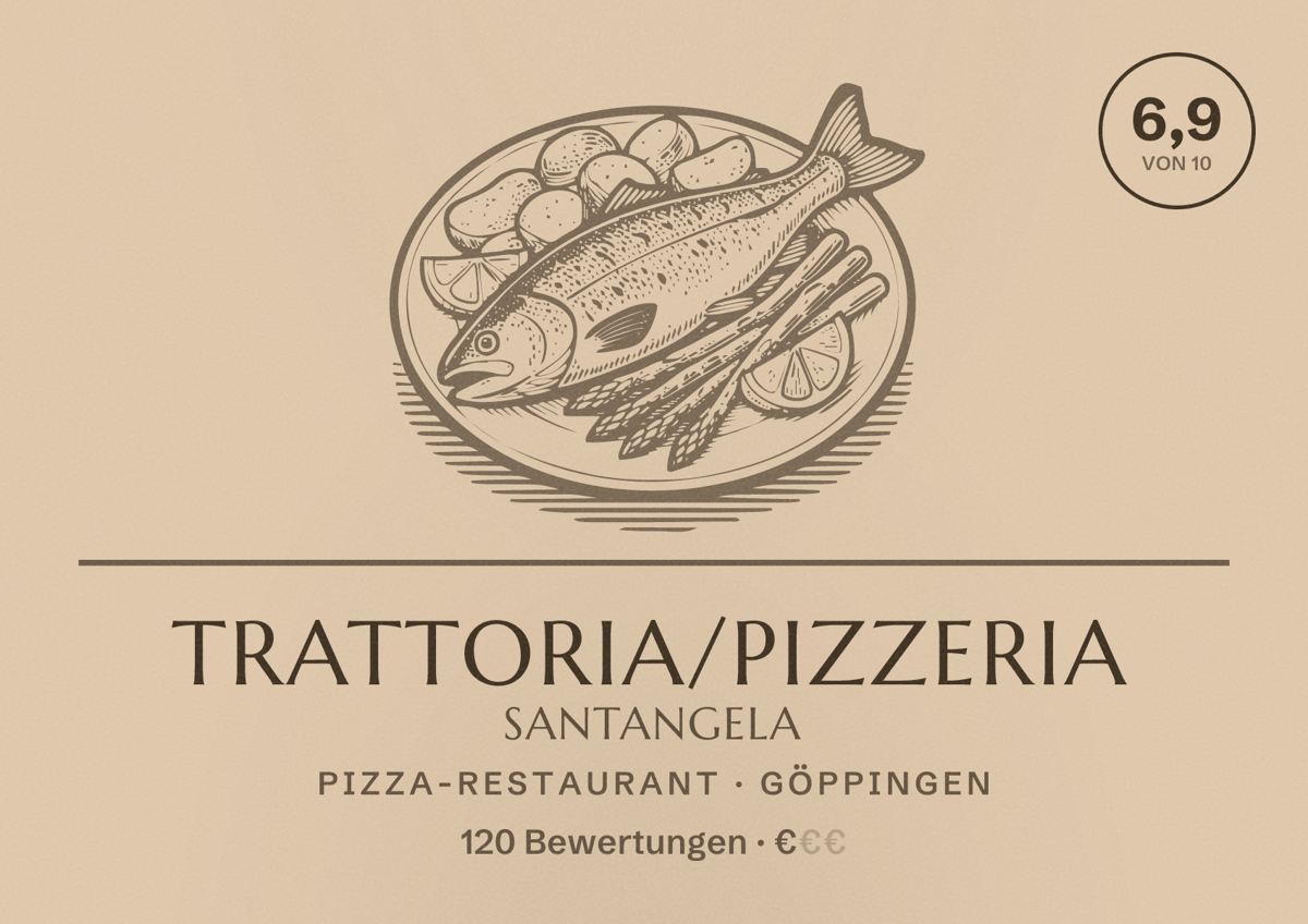 Illustriertes Poster von Trattoria/Pizzeria SantAngela, Pizza-Restaurant in Göppingen: Bewertung 6,9 von 10 aus 120 Bewertungen, Preisniveau €