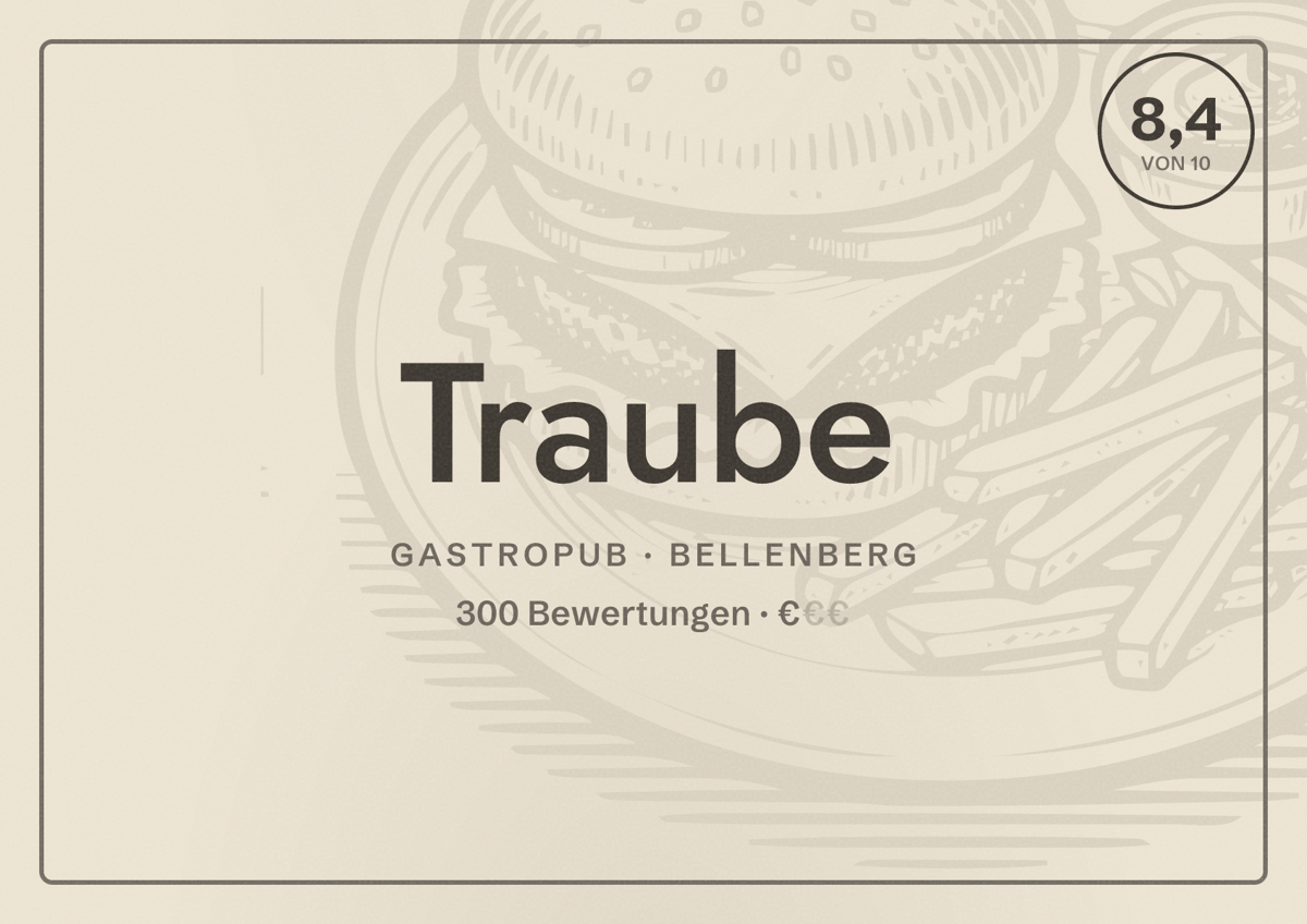 Illustriertes Poster von Traube, Gastropub in Bellenberg: Bewertung 8,4 von 10 aus 300 Bewertungen, Preisniveau €