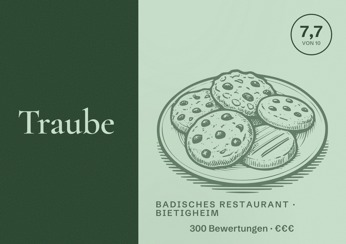 Illustriertes Poster von Traube, Badisches Restaurant in Bietigheim: Bewertung 7,7 von 10 aus 300 Bewertungen, Preisniveau €€€