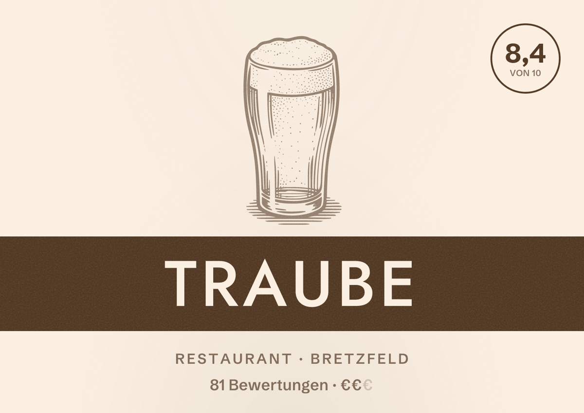 Illustriertes Poster von Traube, Restaurant in Bretzfeld: Bewertung 8,4 von 10 aus 81 Bewertungen, Preisniveau €€