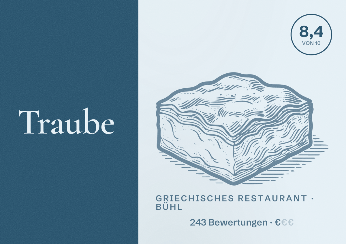 Illustriertes Poster von Traube, Griechisches Restaurant in Bühl: Bewertung 8,4 von 10 aus 243 Bewertungen, Preisniveau €
