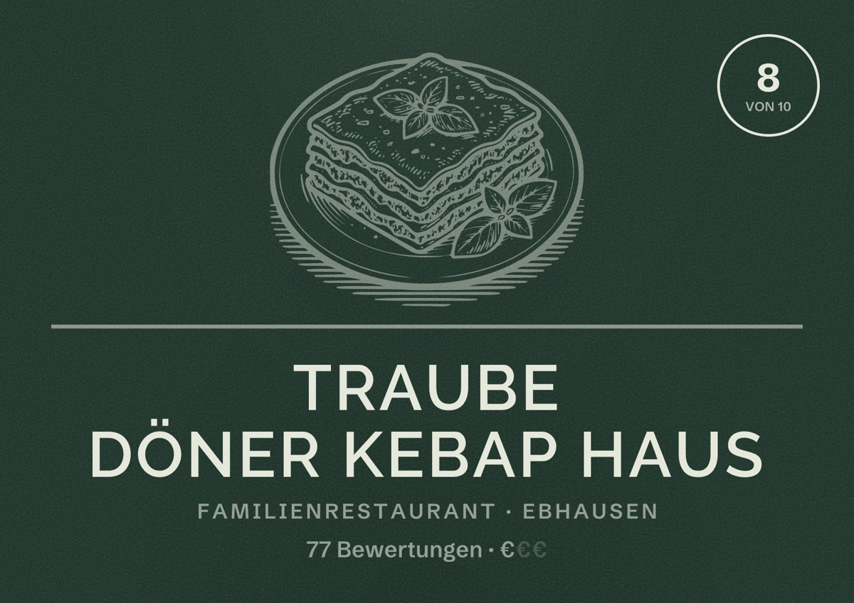 Illustriertes Poster von Traube döner kebap haus, Familienrestaurant in Ebhausen: Bewertung 8 von 10 aus 77 Bewertungen, Preisniveau €