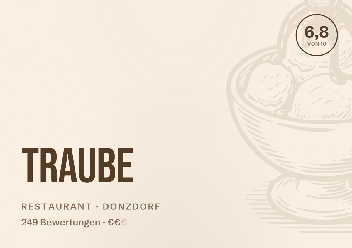 Illustriertes Poster von Traube, Restaurant in Donzdorf: Bewertung 6,8 von 10 aus 249 Bewertungen, Preisniveau €€