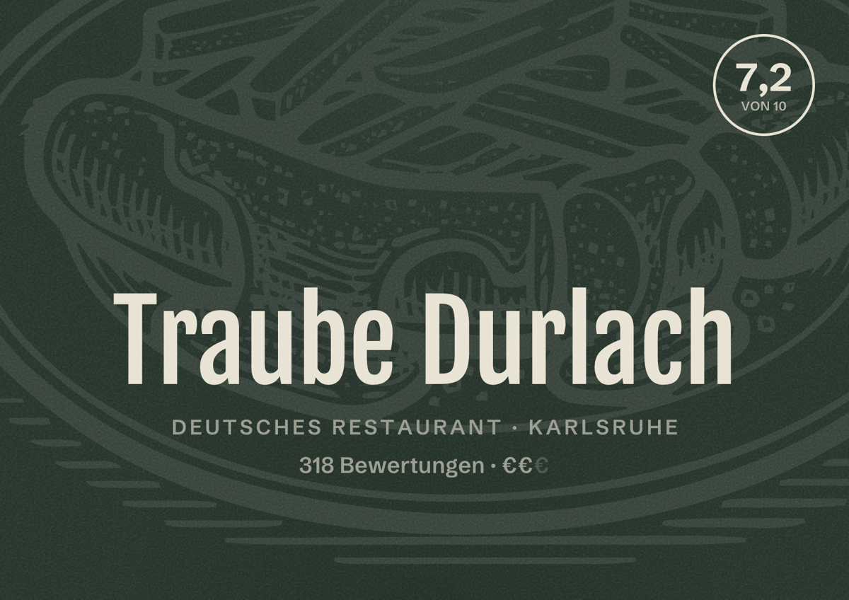 Illustriertes Poster von Traube Durlach, Deutsches Restaurant in Karlsruhe: Bewertung 7,2 von 10 aus 318 Bewertungen, Preisniveau €€