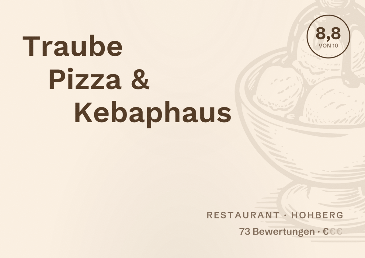 Illustriertes Poster von Traube Pizza & Kebaphaus, Restaurant in Hohberg: Bewertung 8,8 von 10 aus 73 Bewertungen, Preisniveau €