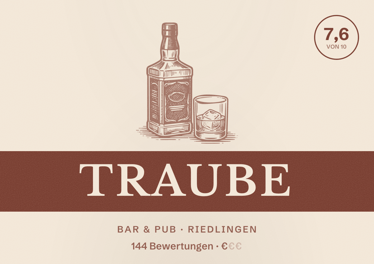 Illustriertes Poster von Traube, Bar & Pub in Riedlingen: Bewertung 7,6 von 10 aus 144 Bewertungen, Preisniveau €