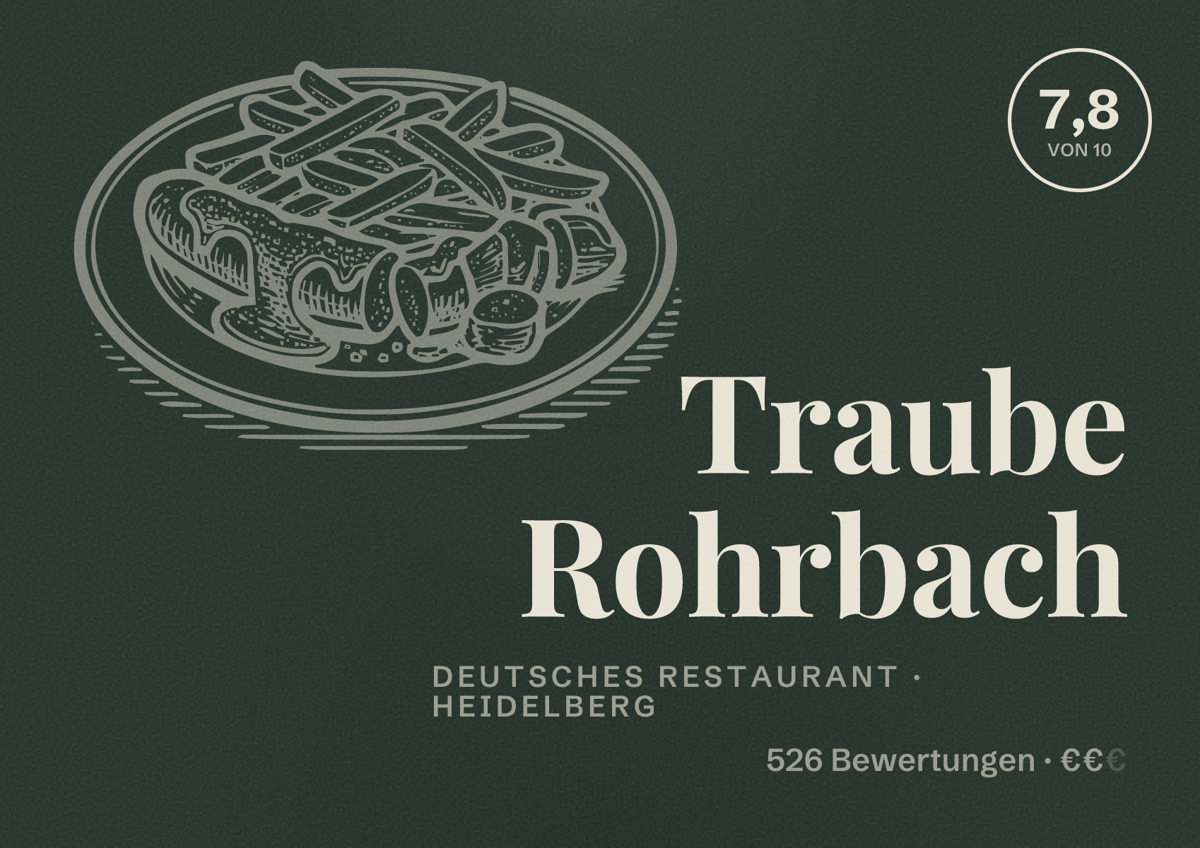 Illustriertes Poster von Traube Rohrbach, Deutsches Restaurant in Heidelberg: Bewertung 7,8 von 10 aus 526 Bewertungen, Preisniveau €€