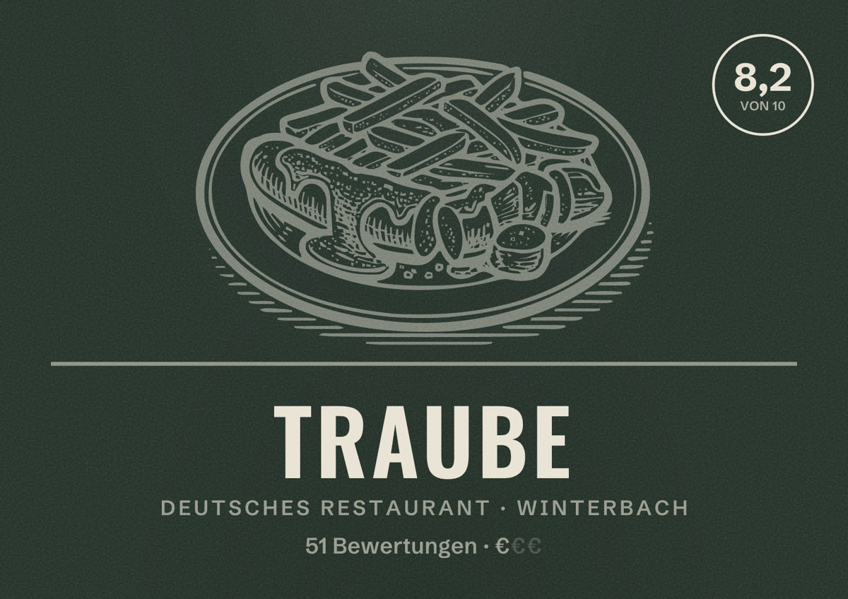 Illustriertes Poster von Traube, Deutsches Restaurant in Winterbach: Bewertung 8,2 von 10 aus 51 Bewertungen, Preisniveau €