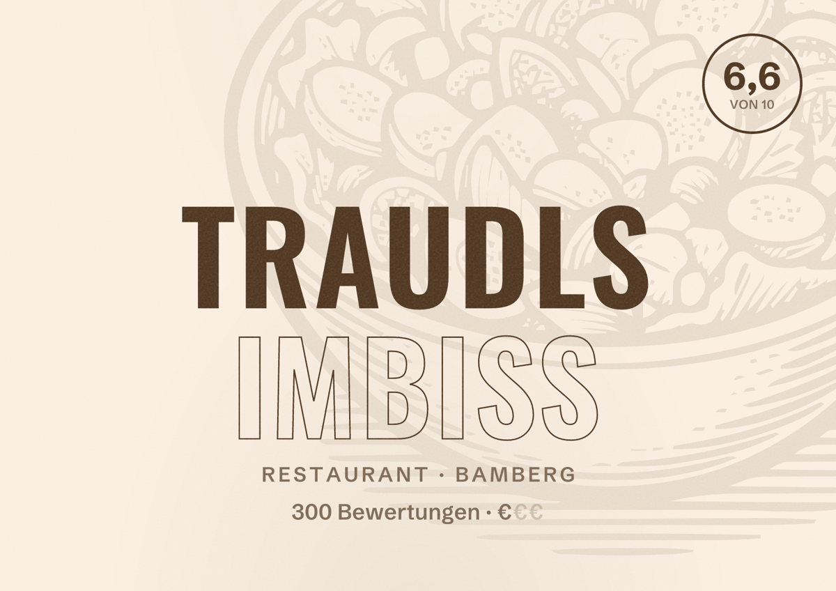Illustriertes Poster von Traudls Imbiss, Restaurant in Bamberg: Bewertung 6,6 von 10 aus 300 Bewertungen, Preisniveau €