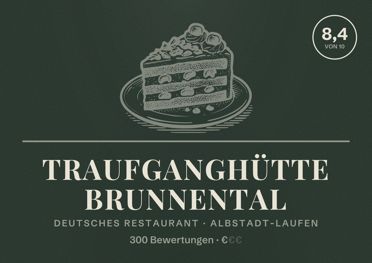 Illustriertes Poster von Traufganghütte Brunnental, Deutsches Restaurant in Albstadt-Laufen: Bewertung 8,4 von 10 aus 300 Bewertungen, Preisniveau €