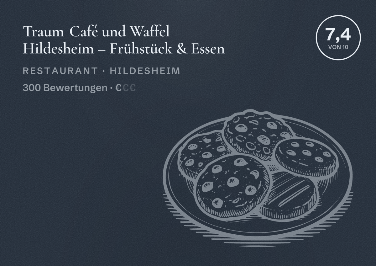 Illustriertes Poster von Traum Café und Waffel Hildesheim – Frühstück & Essen, Restaurant in Hildesheim: Bewertung 7,4 von 10 aus 300 Bewertungen, Preisniveau €
