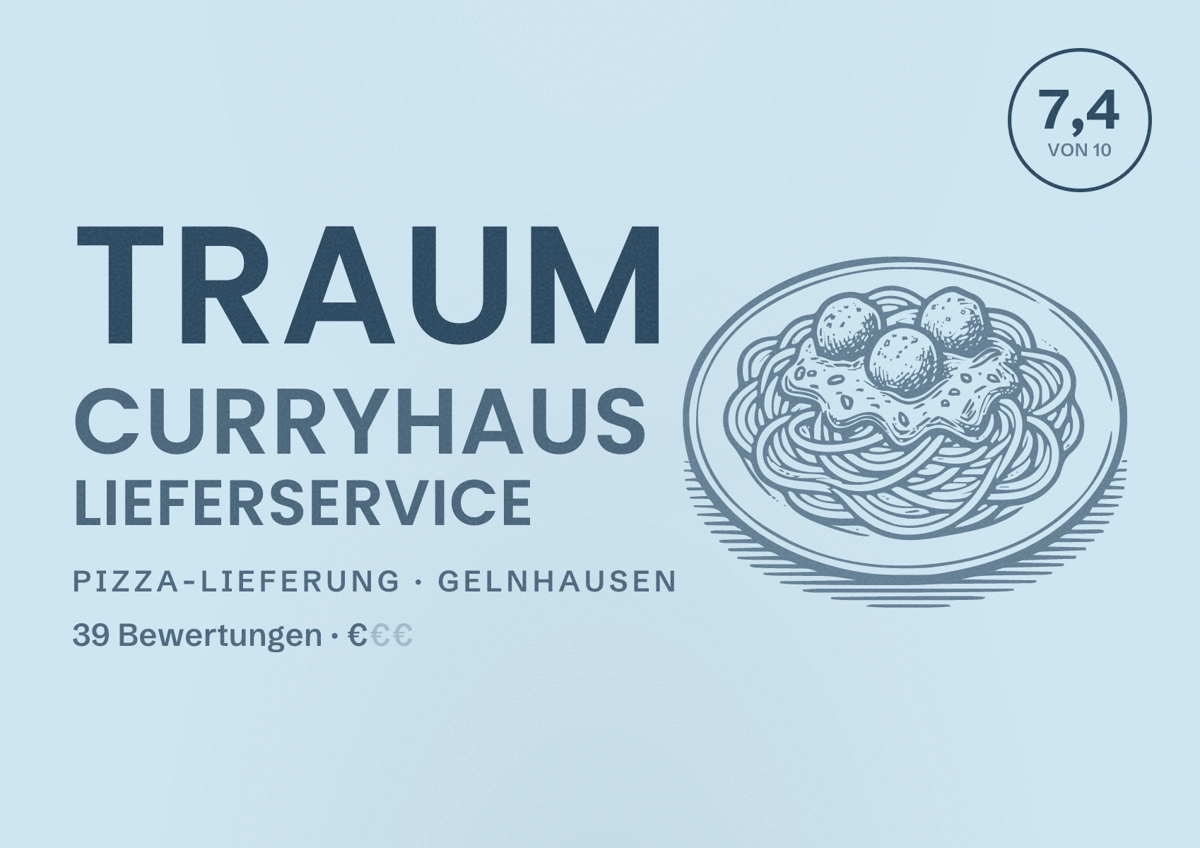 Illustriertes Poster von Traum Curryhaus Lieferservice, Pizza-Lieferung in Gelnhausen: Bewertung 7,4 von 10 aus 39 Bewertungen, Preisniveau €