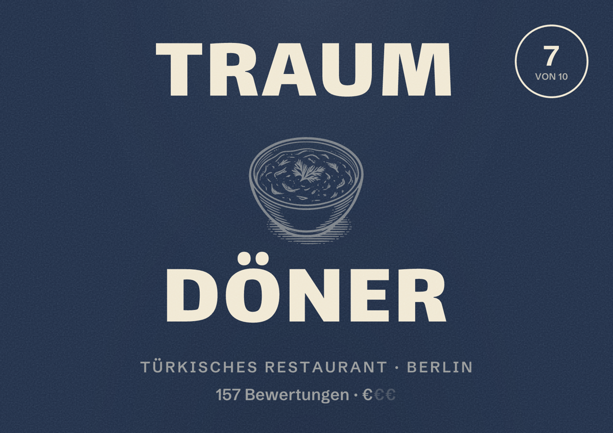 Illustriertes Poster von Traum Döner, Türkisches Restaurant in Berlin: Bewertung 7,0 von 10 aus 157 Bewertungen, Preisniveau €