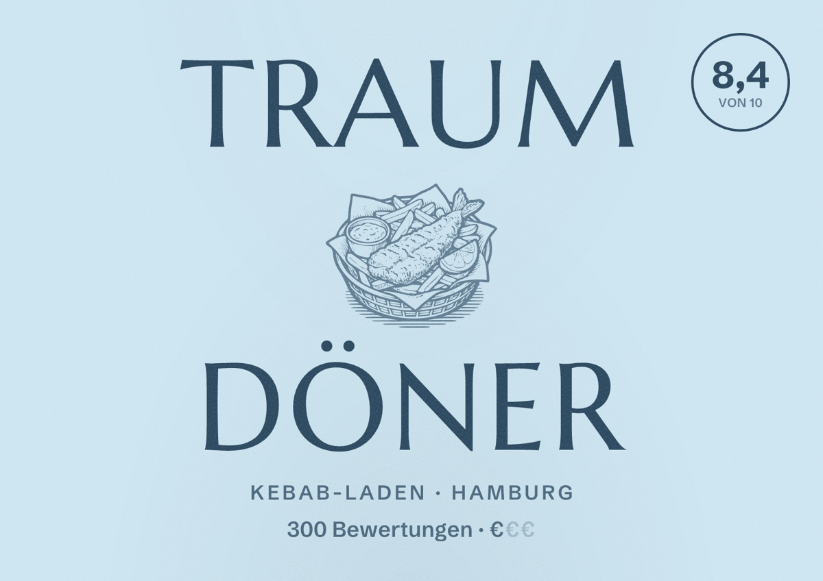 Illustriertes Poster von Traum Döner, Kebab-Laden in Hamburg: Bewertung 8,4 von 10 aus 300 Bewertungen, Preisniveau €