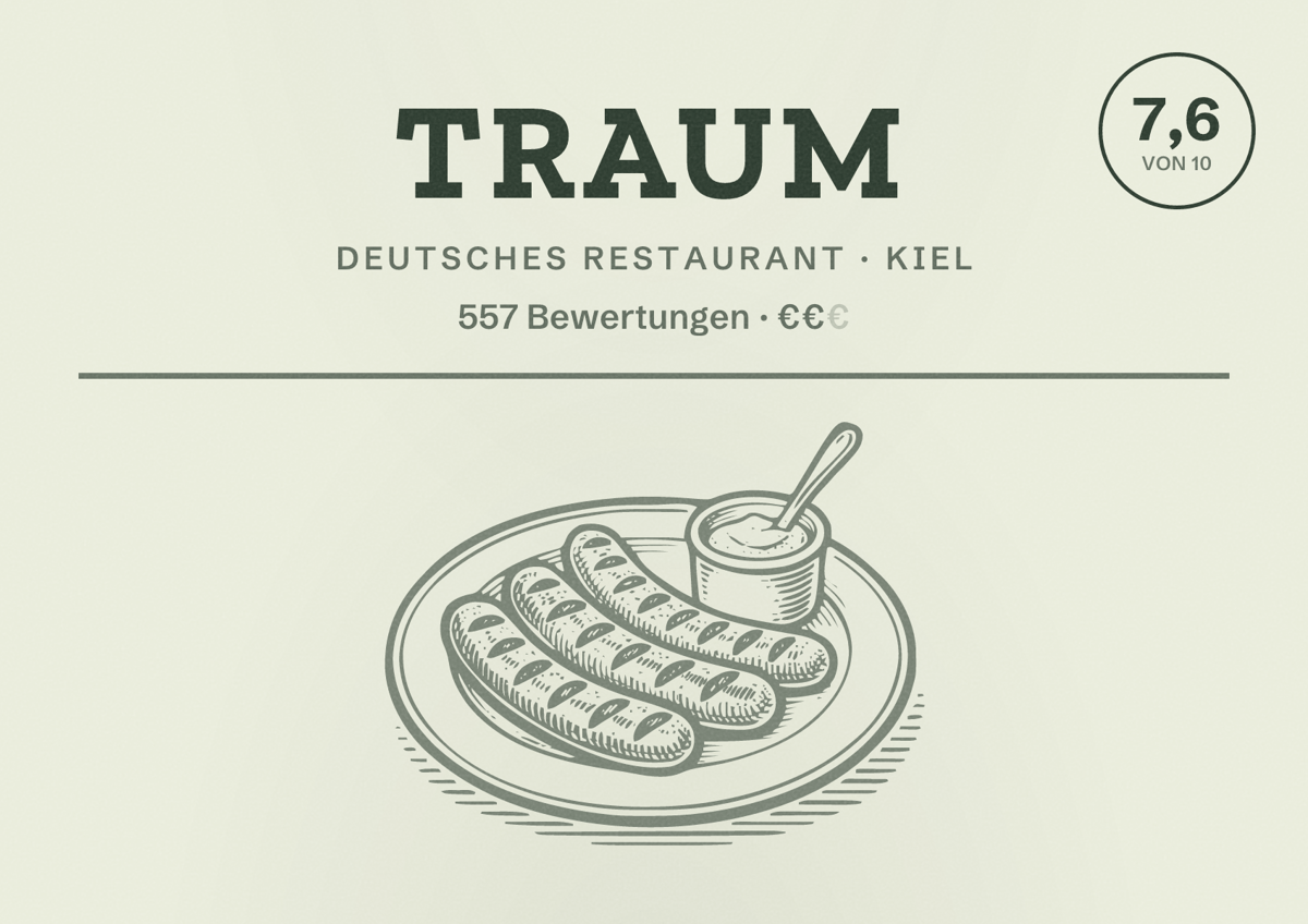 Illustriertes Poster von Traum, Deutsches Restaurant in Kiel: Bewertung 7,6 von 10 aus 557 Bewertungen, Preisniveau €€