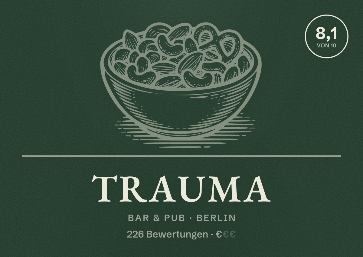 Illustriertes Poster von TRAUMA, Bar & Pub in Berlin: Bewertung 8,1 von 10 aus 226 Bewertungen, Preisniveau €