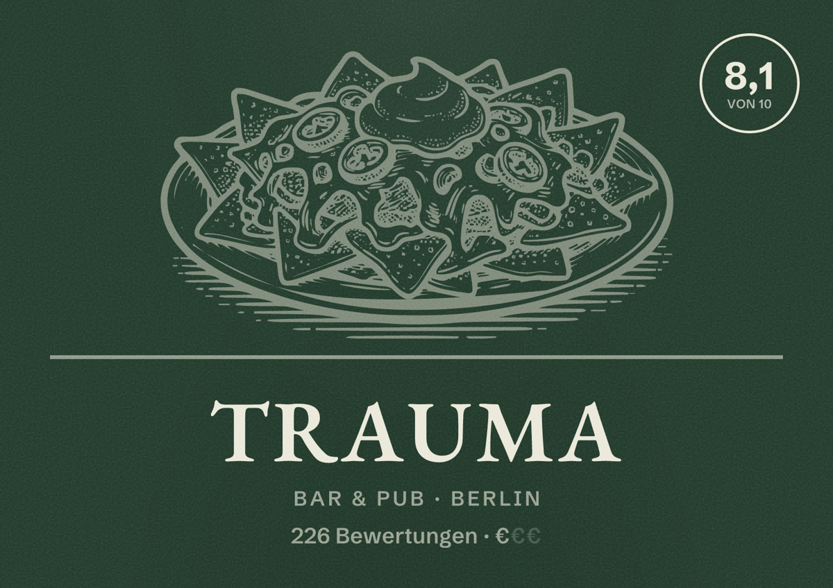 Illustriertes Poster von TRAUMA, Bar & Pub in Berlin: Bewertung 8,1 von 10 aus 226 Bewertungen, Preisniveau €
