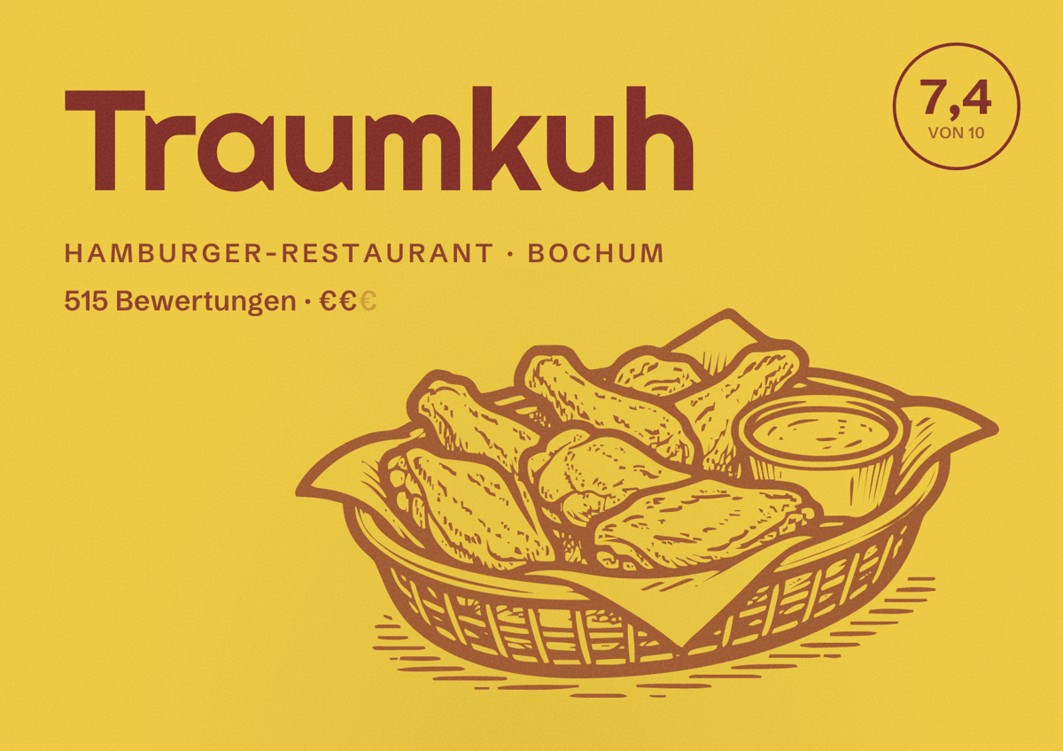Illustriertes Poster von Traumkuh, Hamburger-Restaurant in Bochum: Bewertung 7,4 von 10 aus 515 Bewertungen, Preisniveau €€