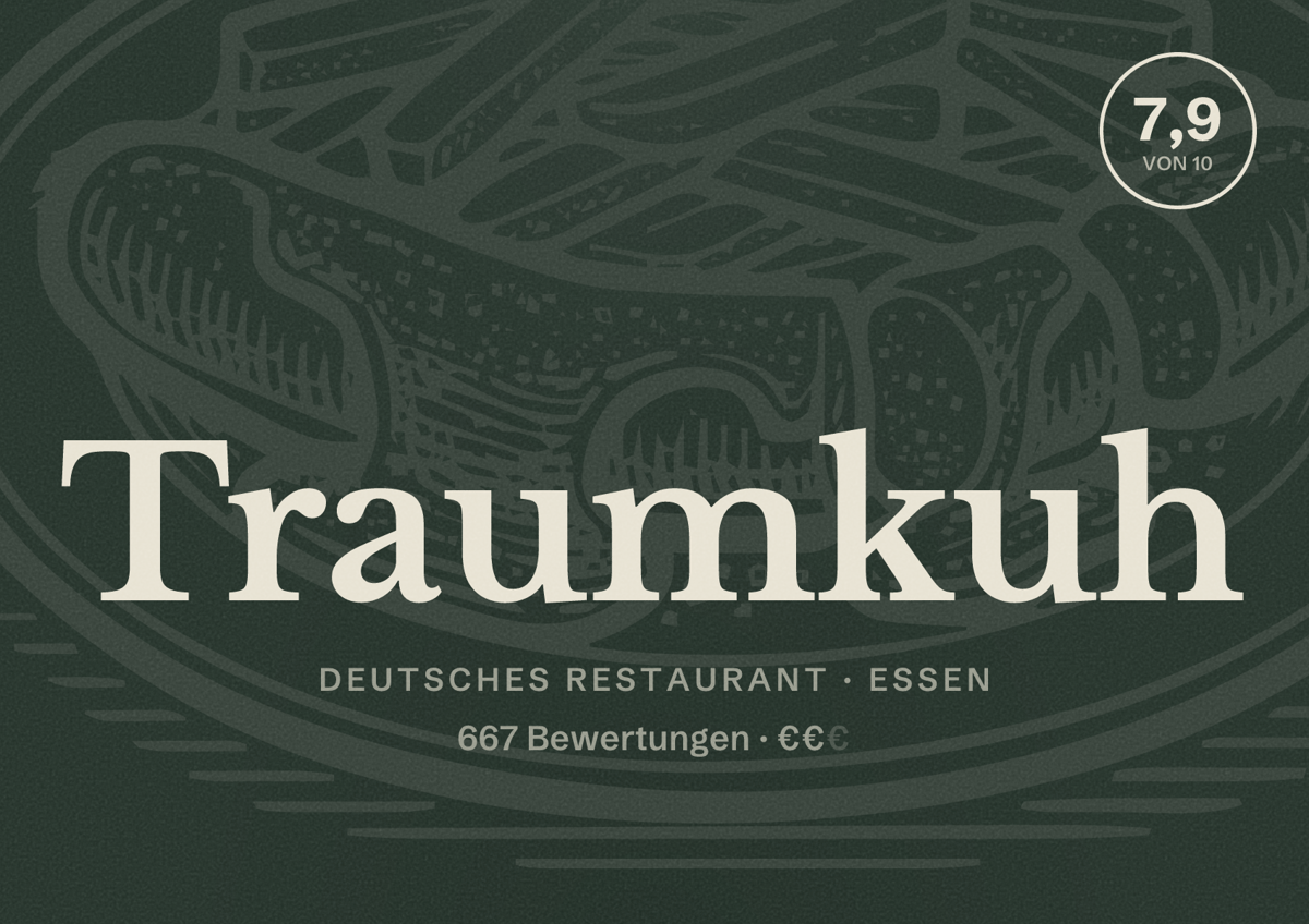 Illustriertes Poster von Traumkuh, Deutsches Restaurant in Essen: Bewertung 7,9 von 10 aus 667 Bewertungen, Preisniveau €€