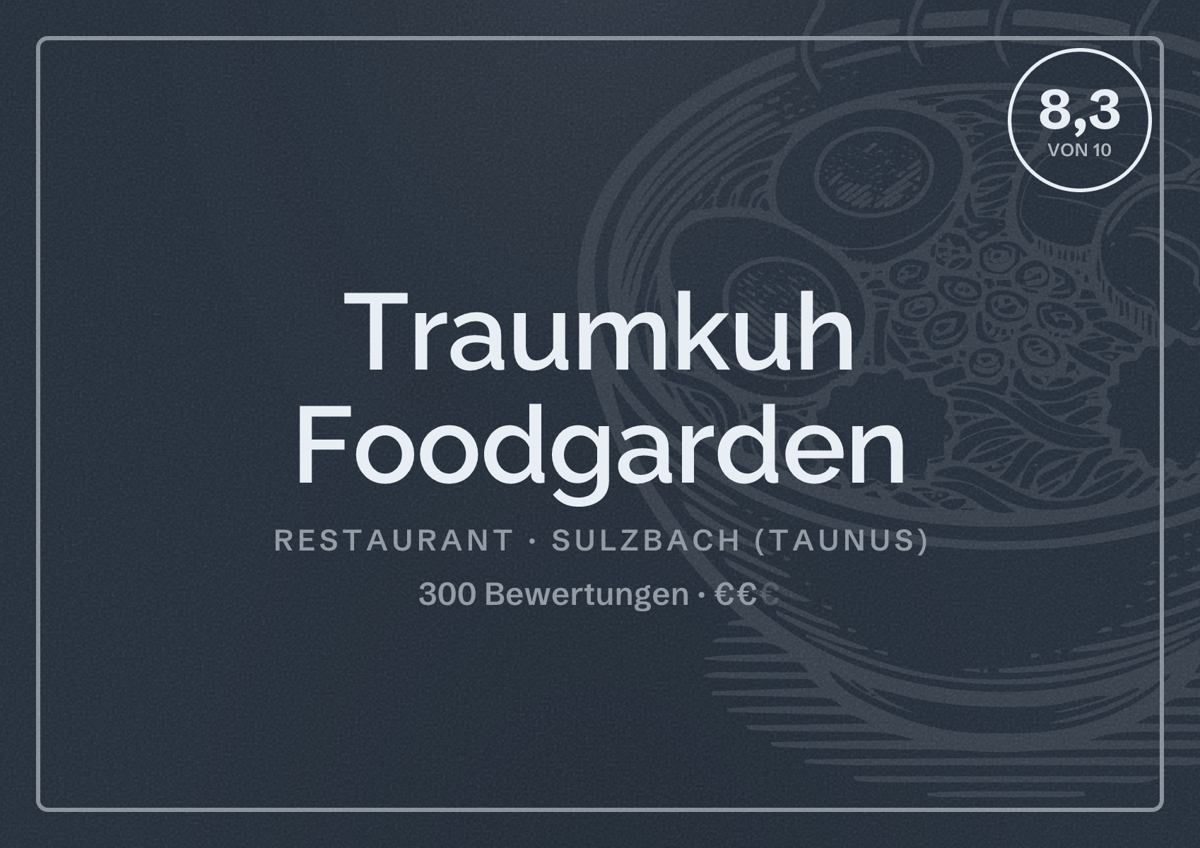 Illustriertes Poster von Traumkuh Foodgarden, Restaurant in Sulzbach (Taunus): Bewertung 8,3 von 10 aus 300 Bewertungen, Preisniveau €€