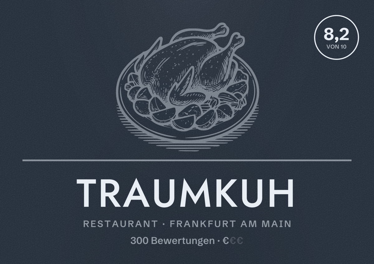 Illustriertes Poster von Traumkuh, Restaurant in Frankfurt am Main: Bewertung 8,2 von 10 aus 300 Bewertungen, Preisniveau €