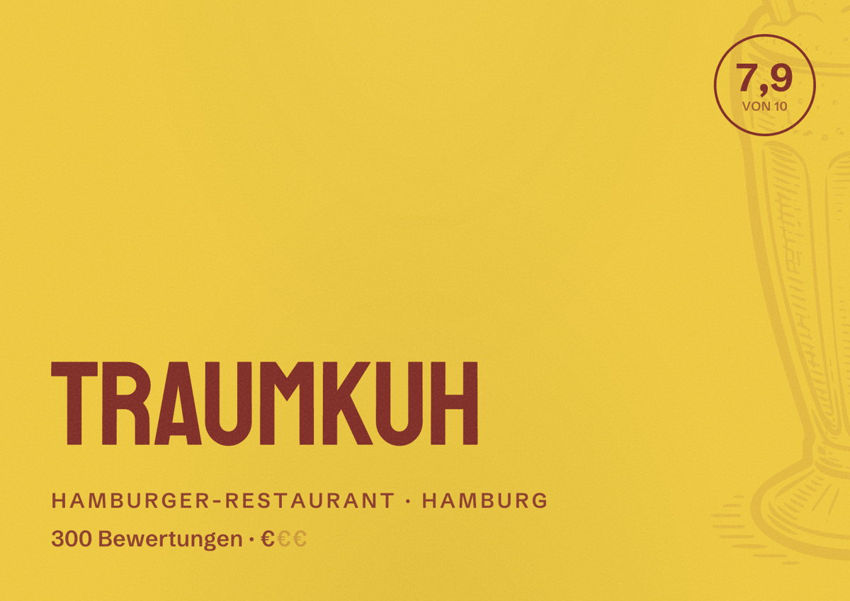 Illustriertes Poster von Traumkuh, Hamburger-Restaurant in Hamburg: Bewertung 7,9 von 10 aus 300 Bewertungen, Preisniveau €