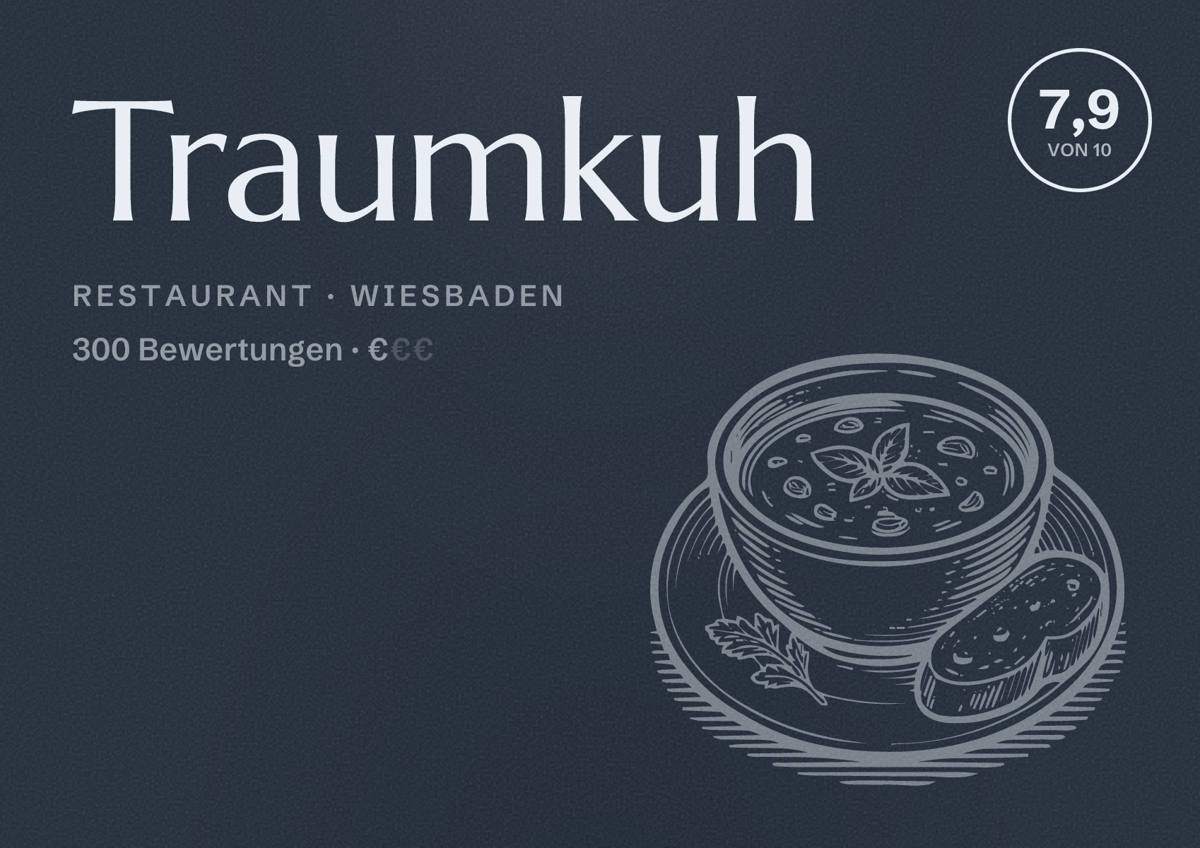 Illustriertes Poster von Traumkuh, Restaurant in Wiesbaden: Bewertung 7,9 von 10 aus 300 Bewertungen, Preisniveau €