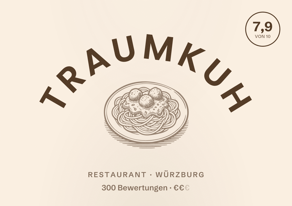 Illustriertes Poster von Traumkuh, Restaurant in Würzburg: Bewertung 7,9 von 10 aus 300 Bewertungen, Preisniveau €€