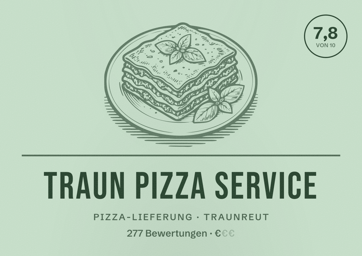 Illustriertes Poster von Traun Pizza Service, Pizza-Lieferung in Traunreut: Bewertung 7,8 von 10 aus 277 Bewertungen, Preisniveau €