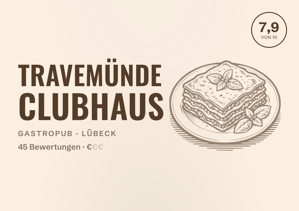 Illustriertes Poster von Travemünde Clubhaus, Gastropub in Lübeck: Bewertung 7,9 von 10 aus 45 Bewertungen, Preisniveau €