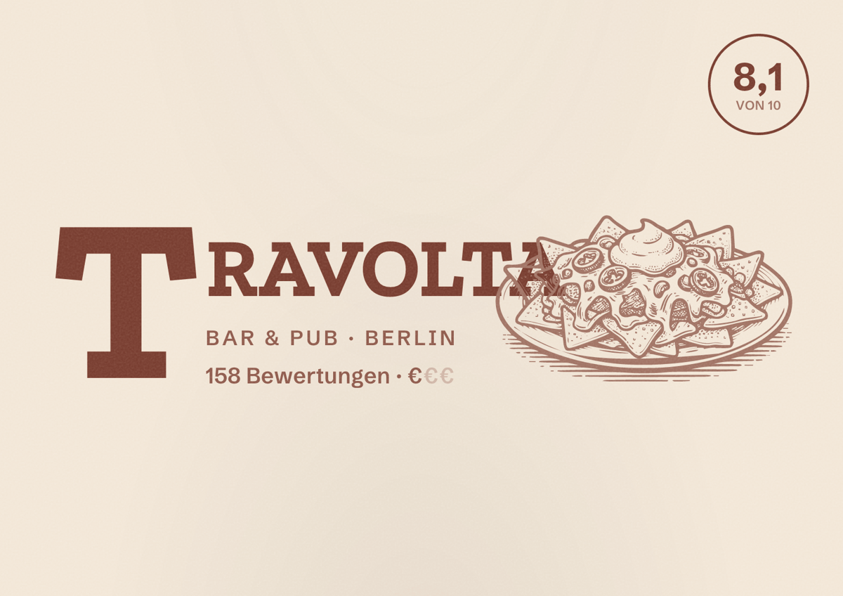 Illustriertes Poster von TRAVOLTA, Bar & Pub in Berlin: Bewertung 8,1 von 10 aus 158 Bewertungen, Preisniveau €