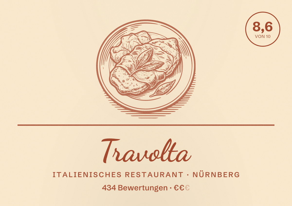 Illustriertes Poster von Travolta, Italienisches Restaurant in Nürnberg: Bewertung 8,6 von 10 aus 434 Bewertungen, Preisniveau €€