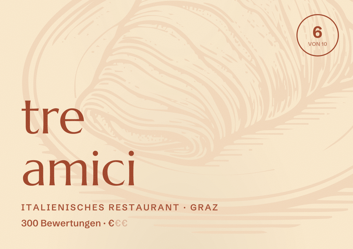 Illustriertes Poster von tre amici, Italienisches Restaurant in Graz: Bewertung 6 von 10 aus 300 Bewertungen, Preisniveau €