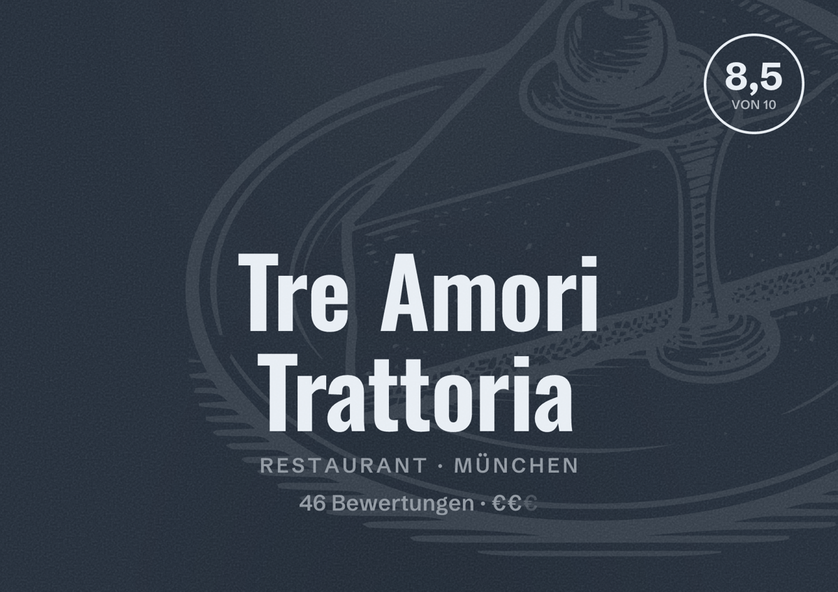 Illustriertes Poster von Tre Amori Trattoria, Restaurant in München: Bewertung 8,5 von 10 aus 46 Bewertungen, Preisniveau €€