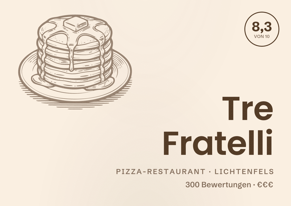 Illustriertes Poster von Tre Fratelli, Pizza-Restaurant in Lichtenfels: Bewertung 8,3 von 10 aus 300 Bewertungen, Preisniveau €€€