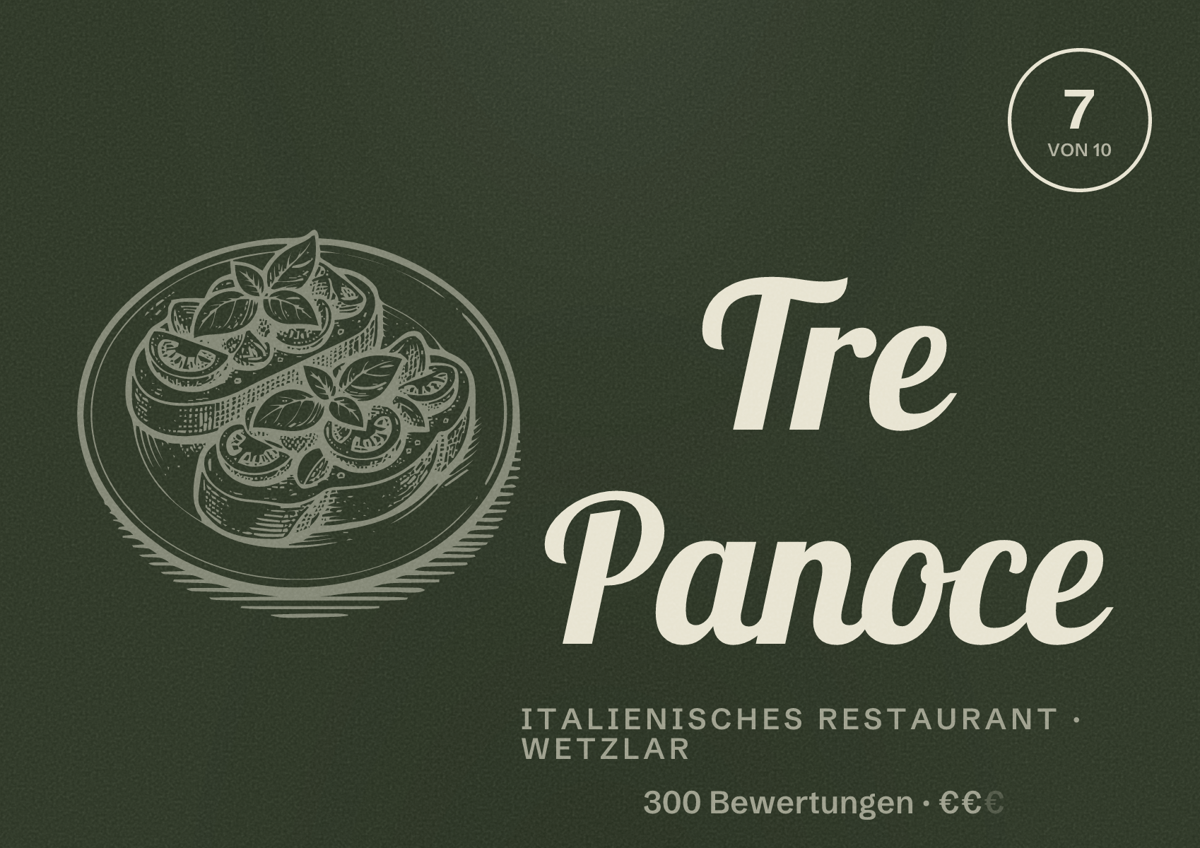 Illustriertes Poster von Tre Panoce, Italienisches Restaurant in Wetzlar: Bewertung 7 von 10 aus 300 Bewertungen, Preisniveau €€