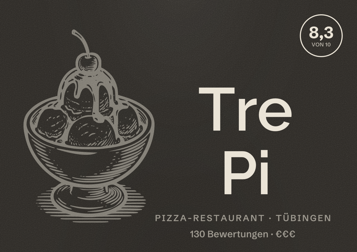 Illustriertes Poster von Tre Pi, Pizza-Restaurant in Tübingen: Bewertung 8,3 von 10 aus 130 Bewertungen, Preisniveau €€€