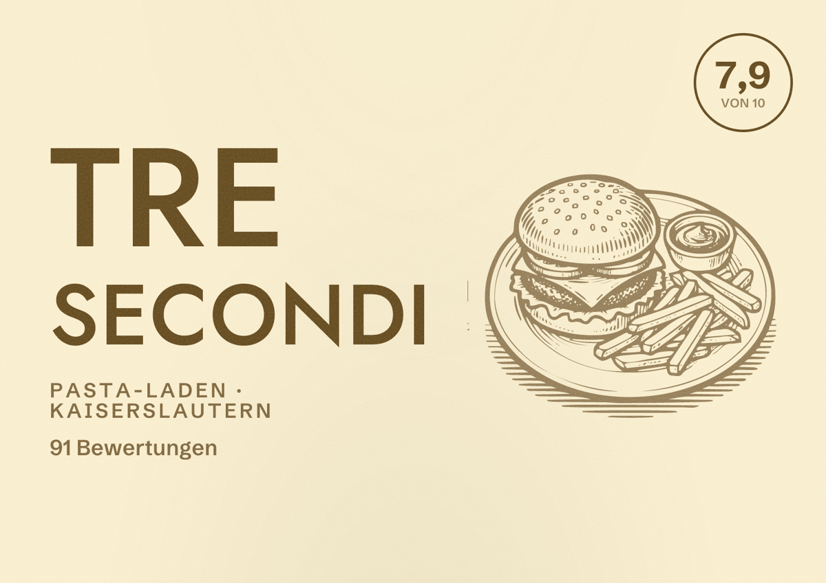 Illustriertes Poster von Tre Secondi, Pasta-Laden in Kaiserslautern: Bewertung 7,9 von 10 aus 91 Bewertungen