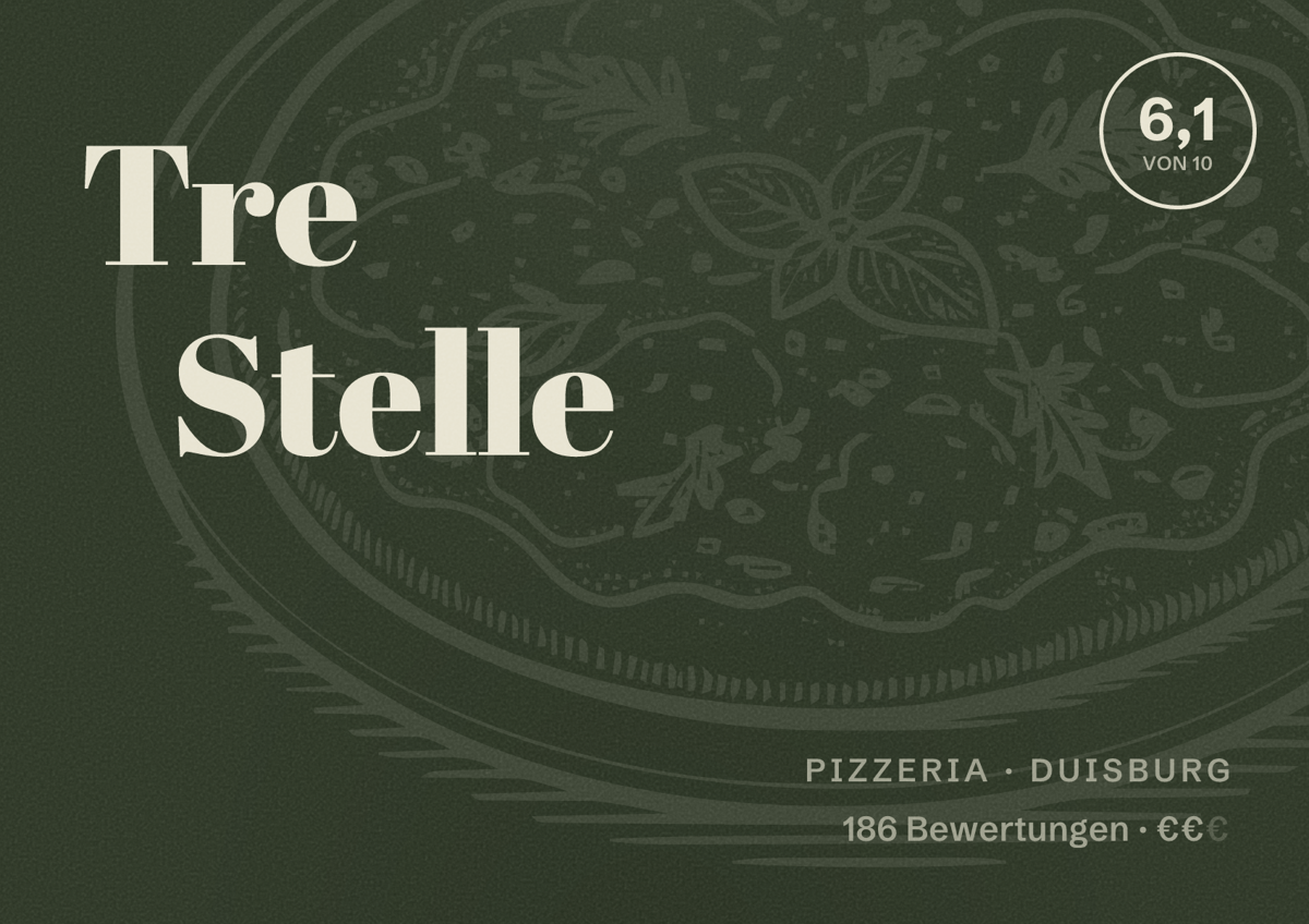 Illustriertes Poster von Tre Stelle, Pizzeria in Duisburg: Bewertung 6,1 von 10 aus 186 Bewertungen, Preisniveau €€
