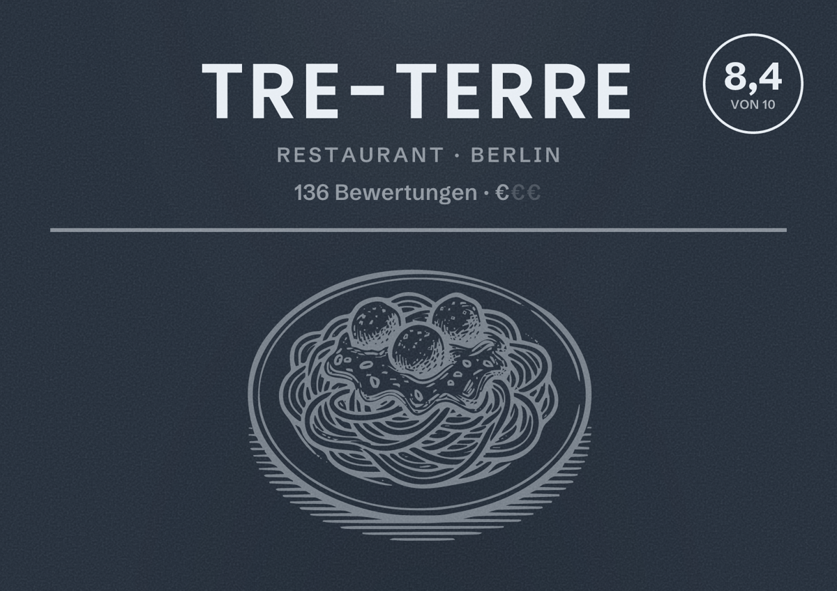 Illustriertes Poster von Tre-Terre, Restaurant in Berlin: Bewertung 8,4 von 10 aus 136 Bewertungen, Preisniveau €