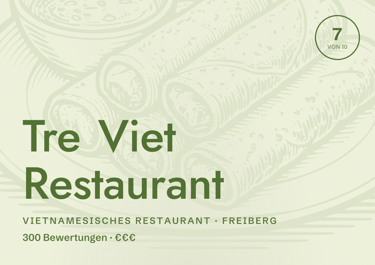 Illustriertes Poster von Tre Viet Restaurant, Vietnamesisches Restaurant in Freiberg: Bewertung 7 von 10 aus 300 Bewertungen, Preisniveau €€€