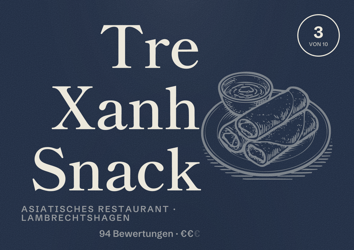 Illustriertes Poster von Tre Xanh Snack, Asiatisches Restaurant in Lambrechtshagen: Bewertung 3 von 10 aus 94 Bewertungen, Preisniveau €€