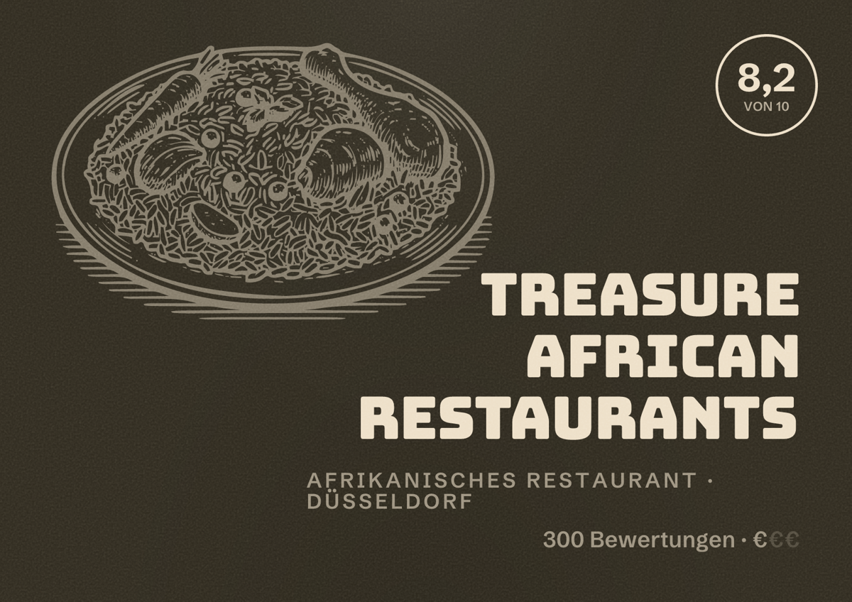 Illustriertes Poster von Treasure African Restaurants, Afrikanisches Restaurant in Düsseldorf: Bewertung 8,2 von 10 aus 300 Bewertungen, Preisniveau €