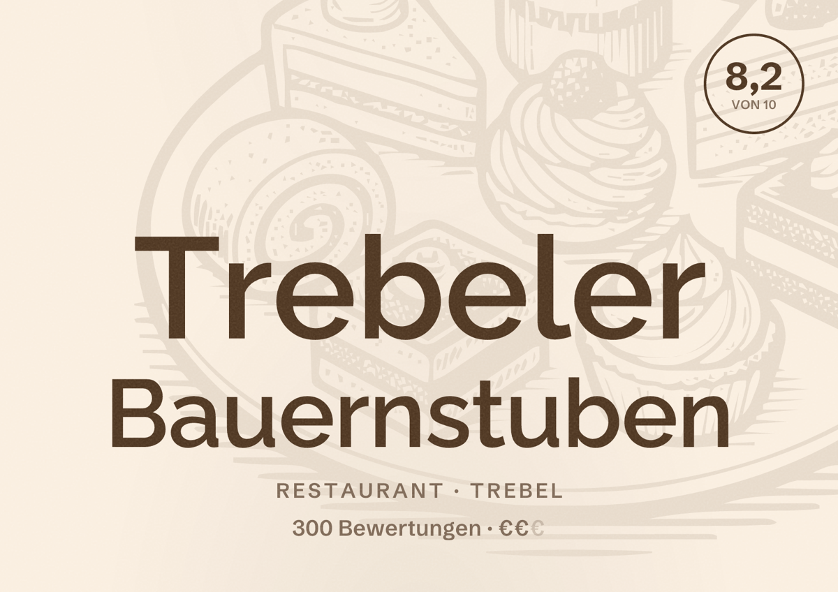 Illustriertes Poster von Trebeler Bauernstuben, Restaurant in Trebel: Bewertung 8,2 von 10 aus 300 Bewertungen, Preisniveau €€